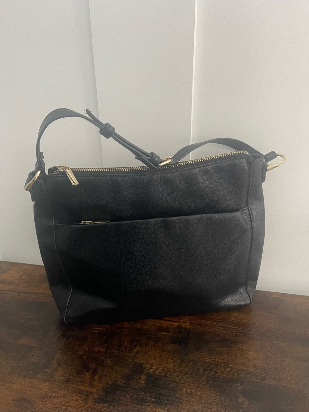 Black Leather Shoulder Bag with Gold Hardware - Women